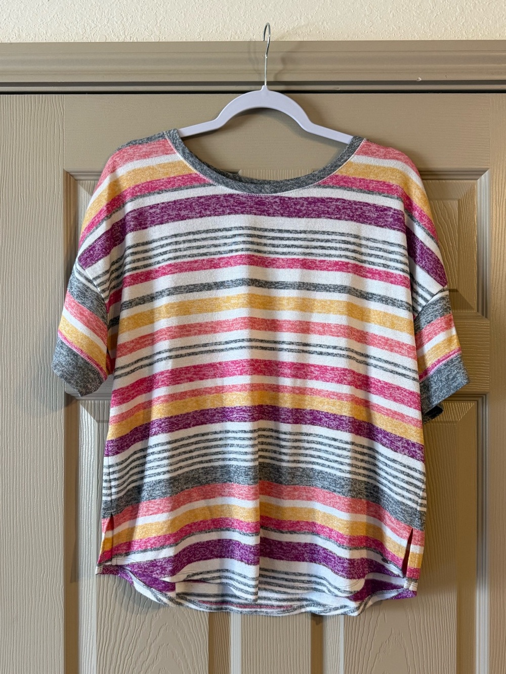 Kensie Striped Short Sleeve Sleep Top in Pink, Yellow & Gray